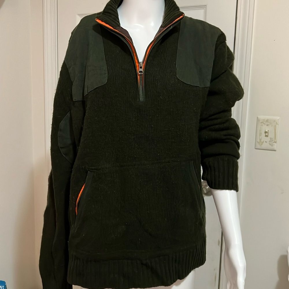 Beretta 
Beretta dark green Wool W/ Polyester Lining 1/4 Zip Sweater Jacket.